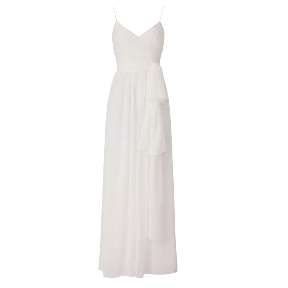 Mac Duggal Leena White Chiffon Gown Jumpsuit Elegant Ruched Bodice Belt Bridal L - Picture 2 of 15